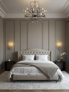 gray bedroom with modern chandelier lighting