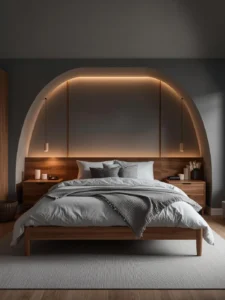 gray bedroom with natural wood bed frame