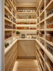 hallway style narrow walk in pantry