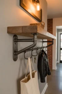 hallway with a wall-mounted industrial coat rack made from matte black iron pipe brackets with S-hooks