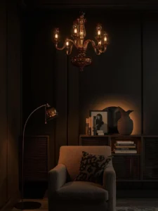 hand-blown smoked glass chandelier glowing amber