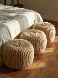 hand-knitted chunky natural oatmeal-colored wool poufs