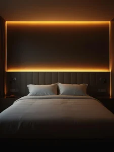 headboard panel backlit with a continuous warm amber LED strip