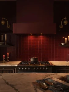 jewel-box kitchen backsplash and range wall in deep matte burgundy square tiles