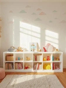 joyful child's bedroom with a wide white shelf