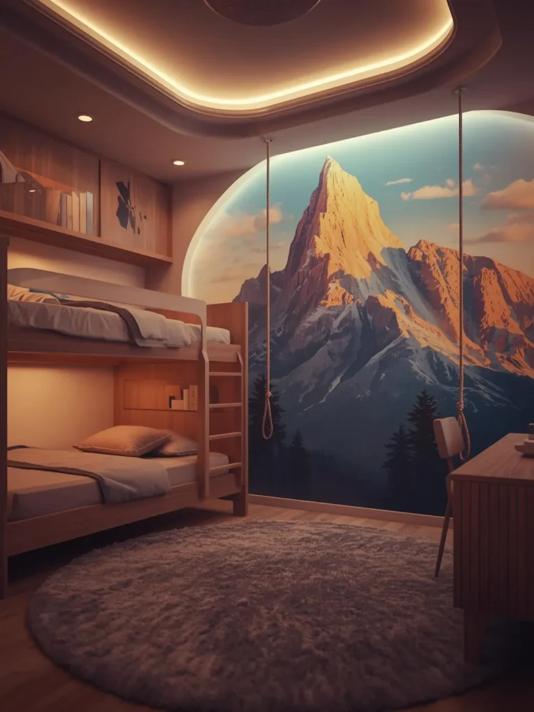 kids bedroom with a giant illustrated mountain