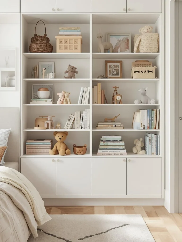 kids bedroom with built in wall storage shelves