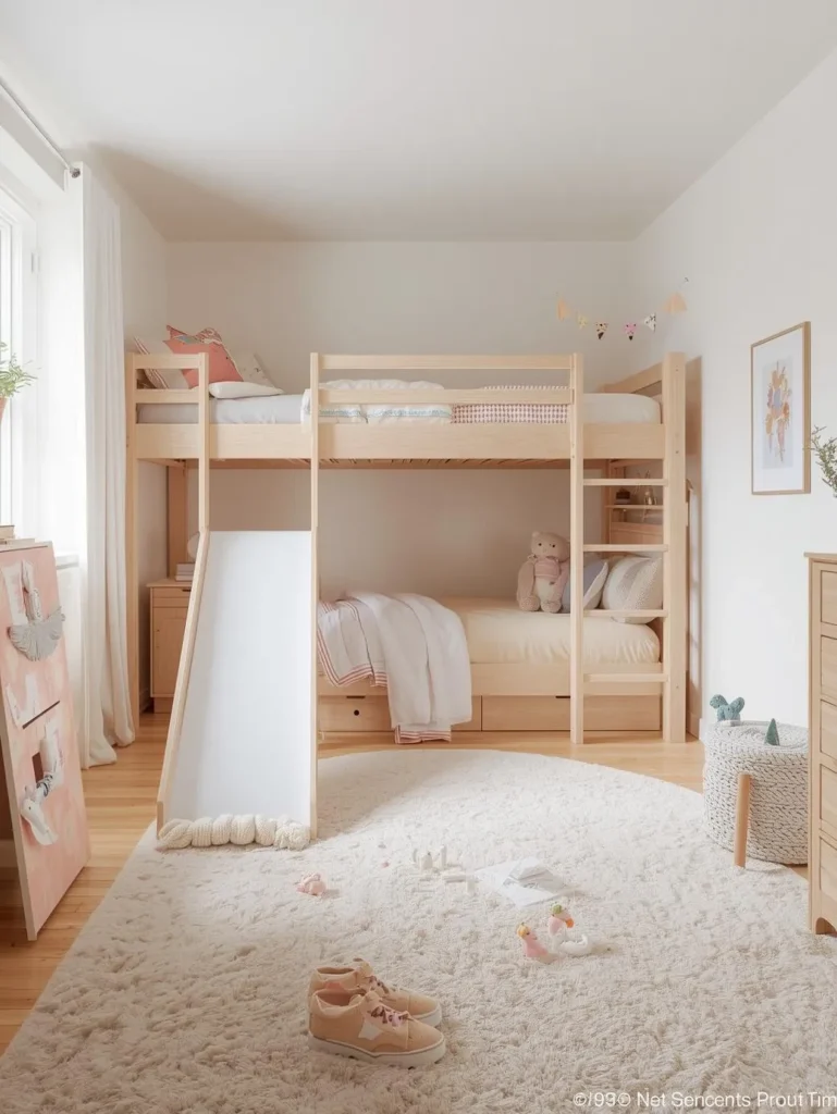 kids bedroom with bunk bed slide