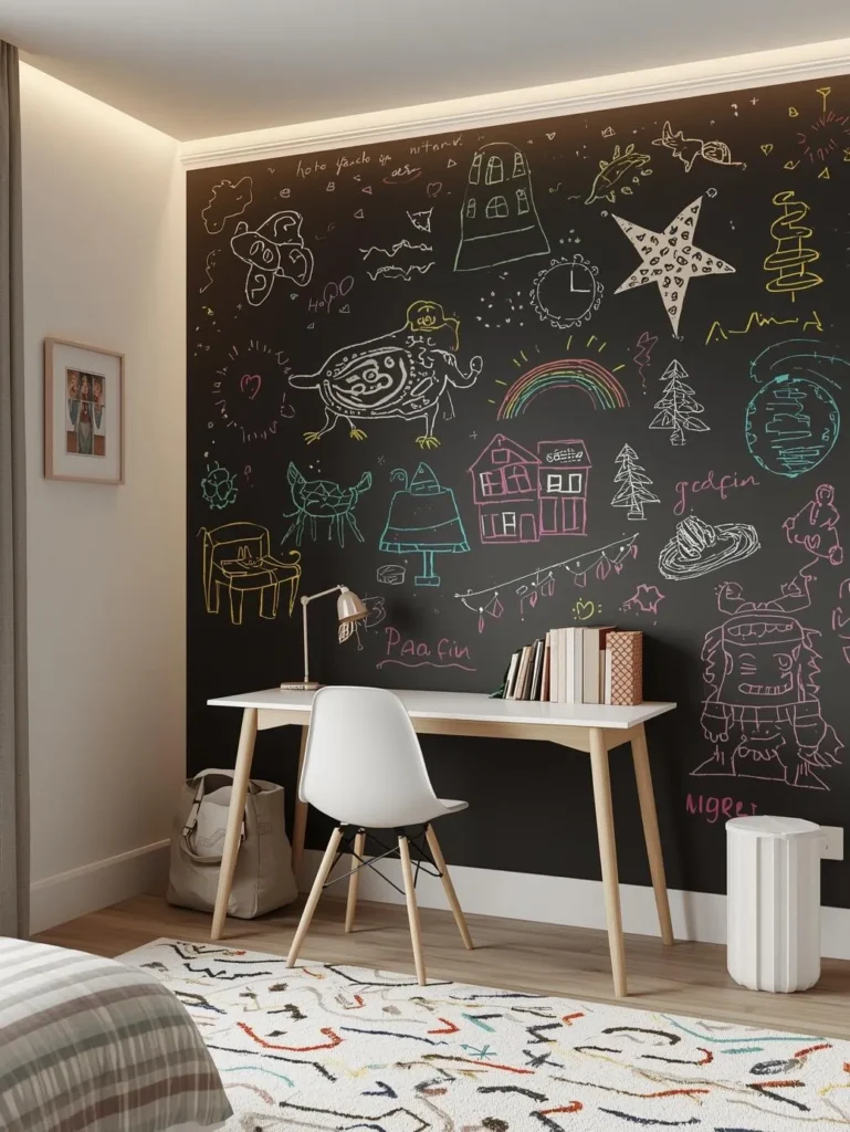 kids bedroom with full chalkboard