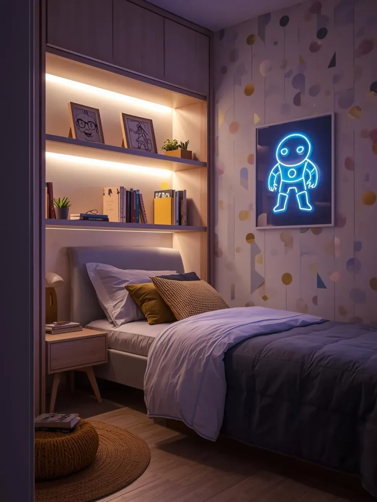 kids bedroom with glowing LED shelf lighting