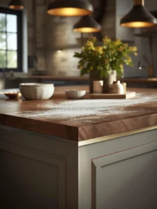 kitchen baking island with a thick end-grain walnut butcher block countertop