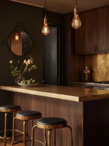 kitchen bar section with an unlacquered brass countertop