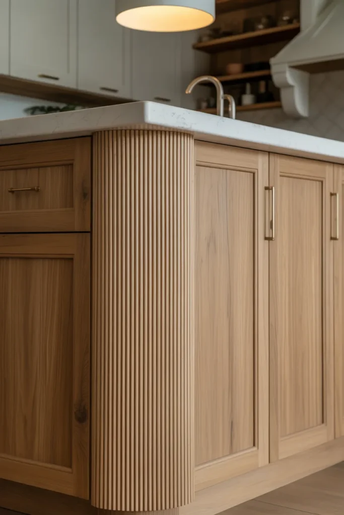 kitchen island with natural oak fluted cabinet fronts