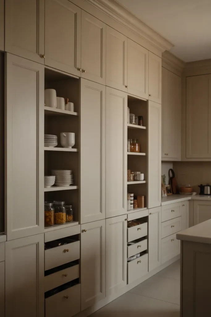 kitchen pantry wall spanning floor to ceiling in warm white cabinetry