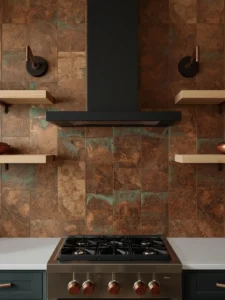 kitchen range wall covered in oxidized copper