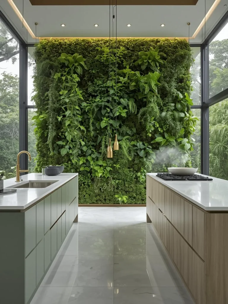 kitchen where an entire wall is covered in a lush living plant installation