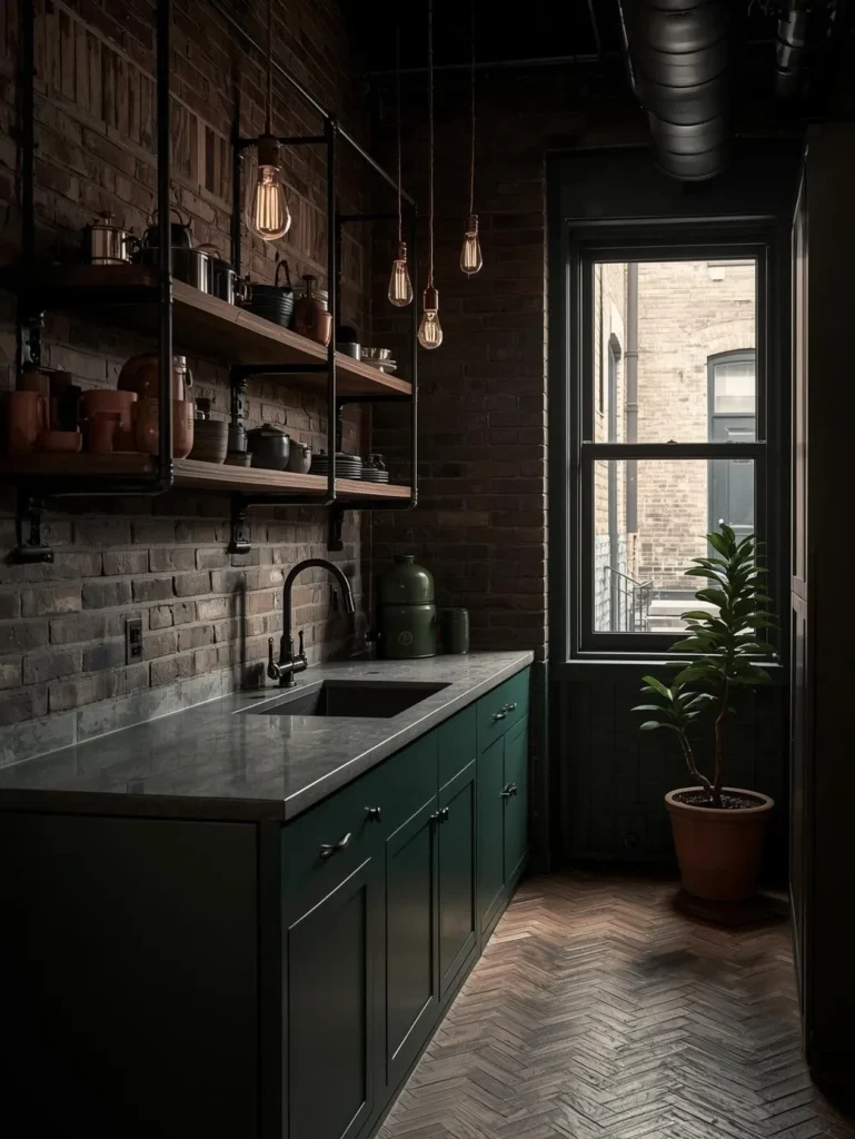 kitchen where exposed brick walls are painted in deep racing green
