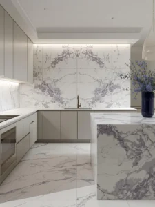 kitchen with a continuous slab-style large-format porcelain tile