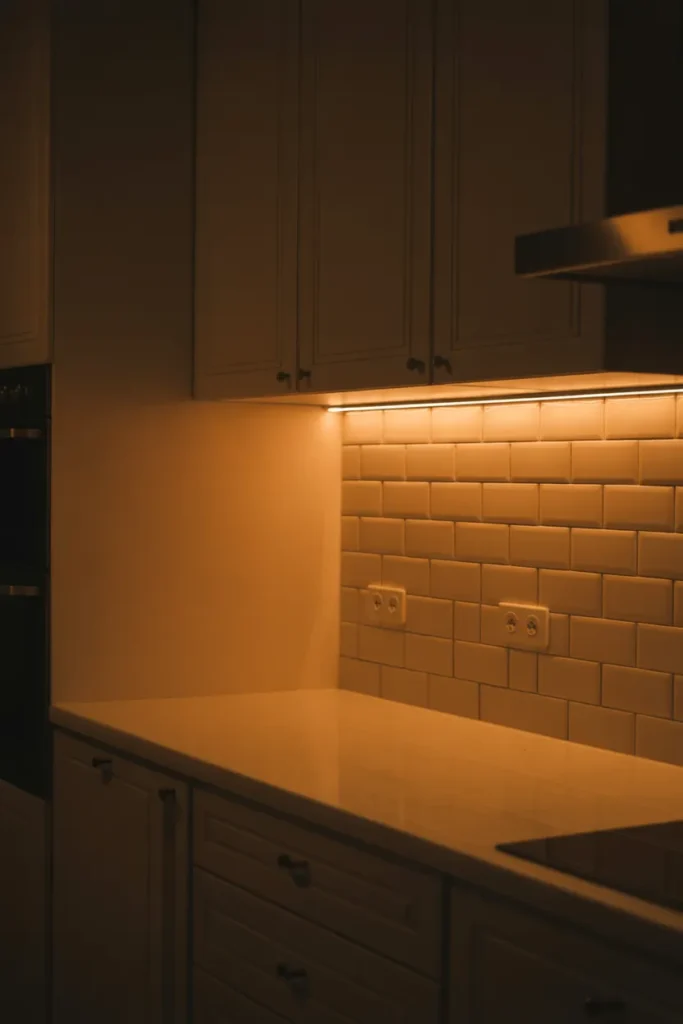 kitchen with all overhead lights off. Only under-cabinet LED strips illuminate the countertop and backsplash from below the upper cabinets