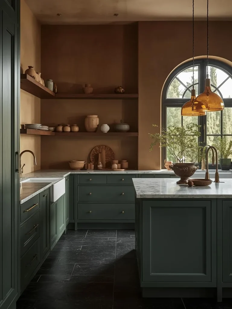 kitchen with floor-to-ceiling bottle-green matte cabinetry