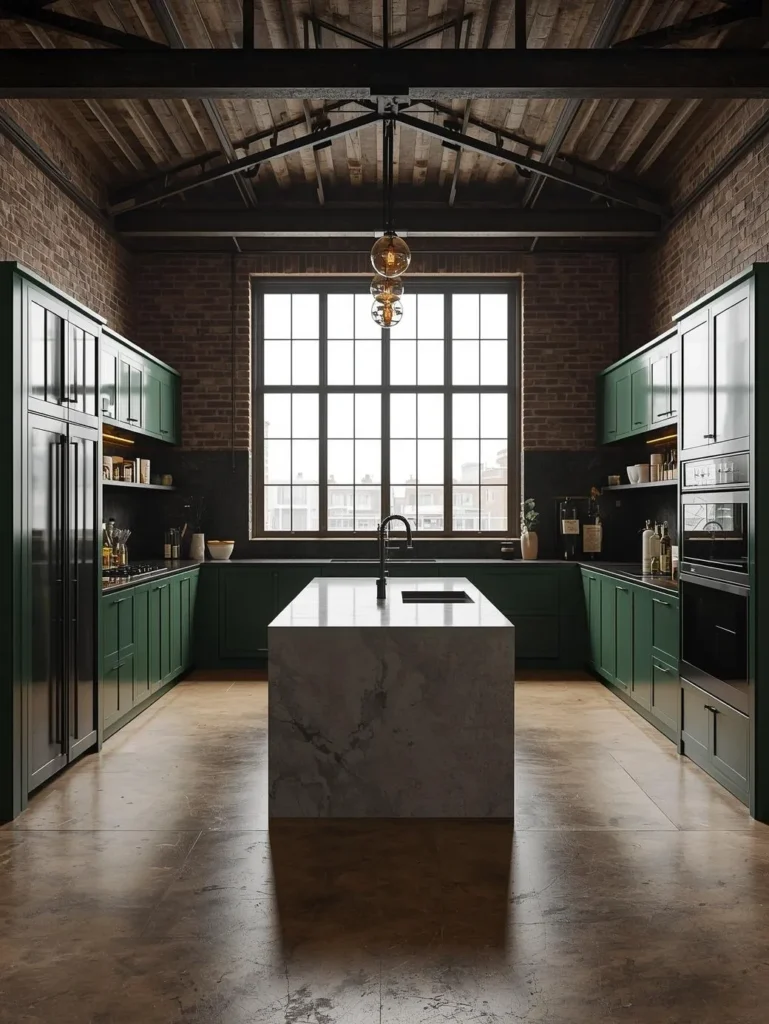 kitchen with high-gloss forest green lacquered cabinetry