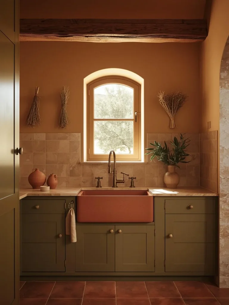 kitchen with matte olive green flat-front cabinetry