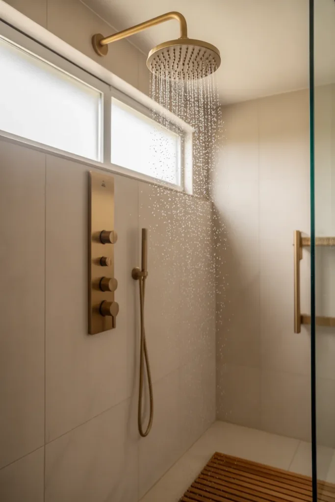 large ceiling-mounted round rain showerhead in brushed gold, actively running with water droplets visible mid-fall