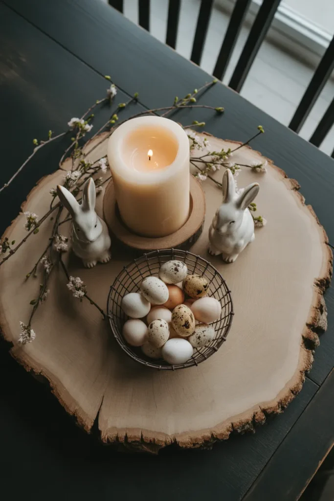large raw-edge wood slice placed at the center of a dark farmhouse dining table