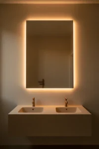 large rectangular LED backlit mirror glowing