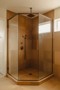 large walk-in shower with frameless glass enclosure