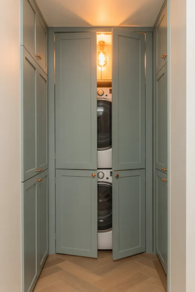 laundry closet with tall shaker-style bi-fold cabinet doors in dusty sage green
