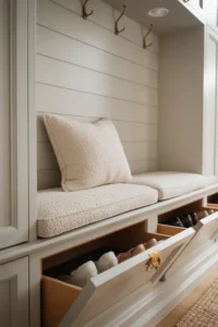 light-filled entryway with a white painted built-in wooden bench
