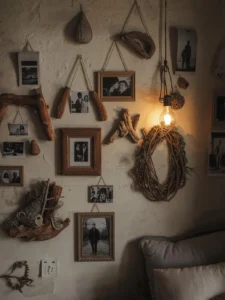 lived-in bedroom wall covered in an organic arrangement of personal photographs