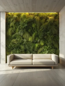 living moss and fern wall with embedded soft-glow grow lights