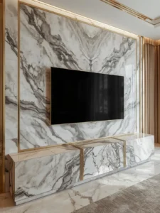 living room TV wall clad entirely in book-matched Calacatta marble