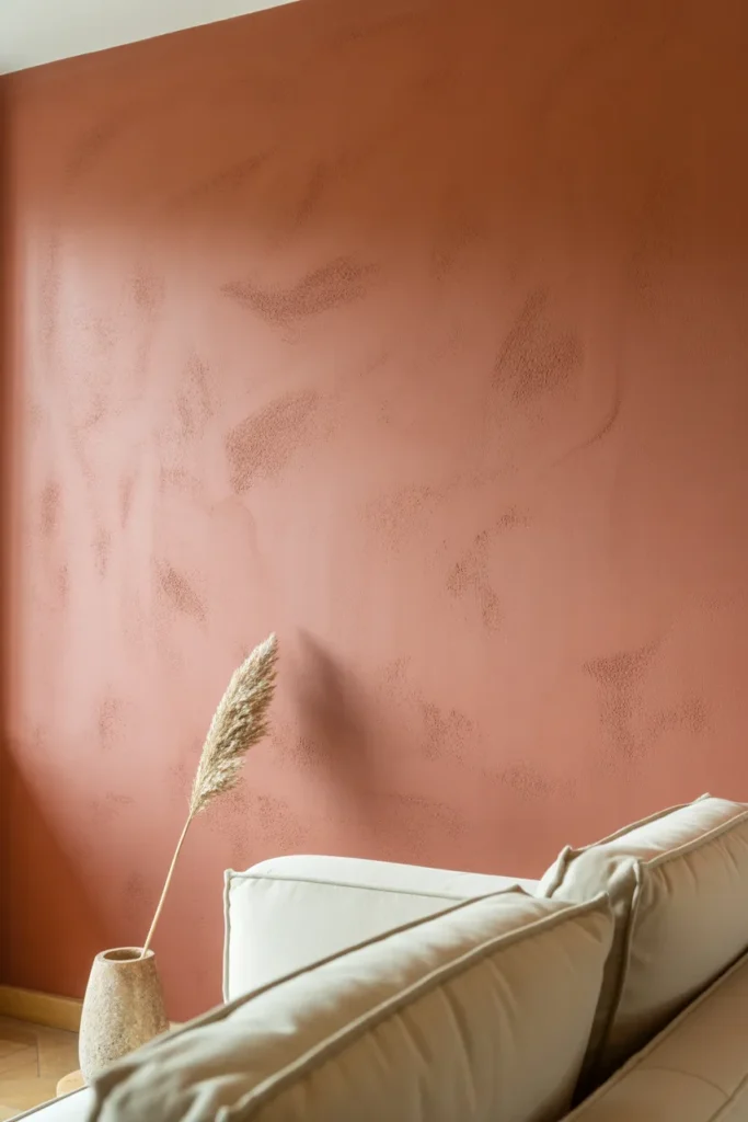 living room accent wall finished in limewash paint in a dusty warm terracotta tone