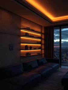 living room at dusk with glowing cove ceiling