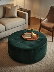 living room centered on a large round deep forest green velvet storage ottoman