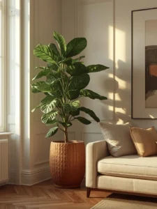 living room corner featuring a dramatic 6-foot fiddle-leaf fig tree