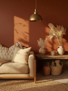 living room drenched in deep terracotta-painted walls