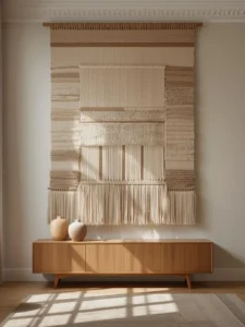 living room feature wall with a large-scale hand-woven textile artwork