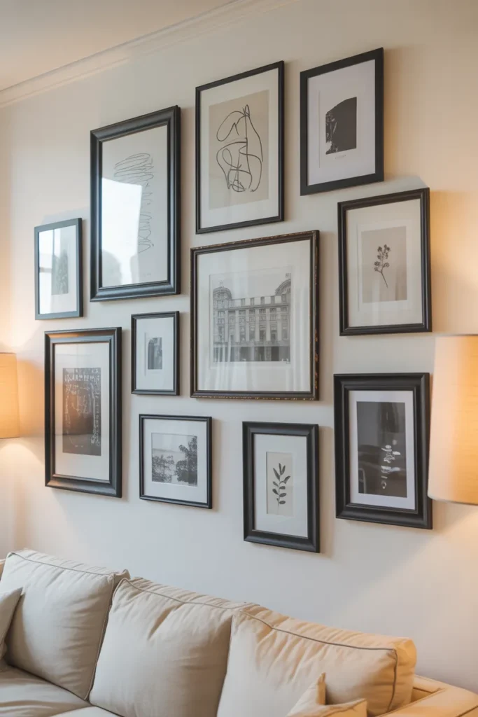 living room gallery wall featuring nine black-framed prints in varying sizes arranged asymmetrically