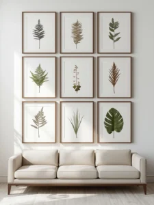 living room wall featuring a 3x3 grid of nine large archival frames