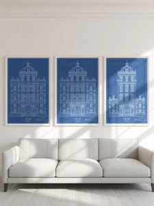 living room wall with three large vertically oriented architectural blueprint drawings