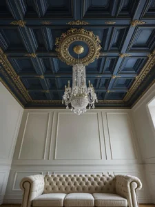 living room with a deep inky-blue coffered ceiling trimmed in aged brass