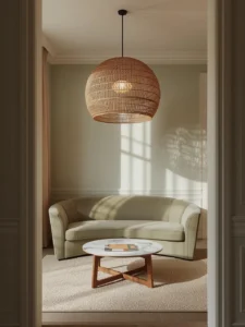 living room with a dramatic oversized woven natural rattan sphere pendant light