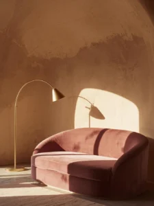 living room with curved hand-applied plaster walls in warm travertine tones