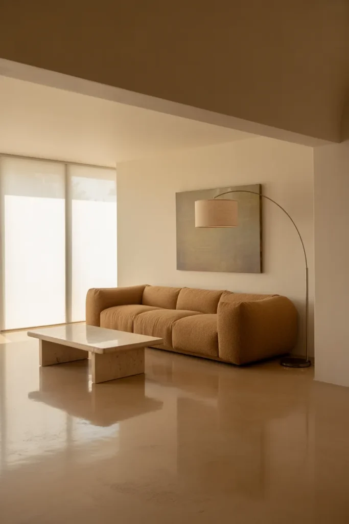 living room with warm white walls and polished concrete floors