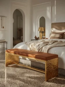 low bedroom bench with a hand-hammered solid brass frame