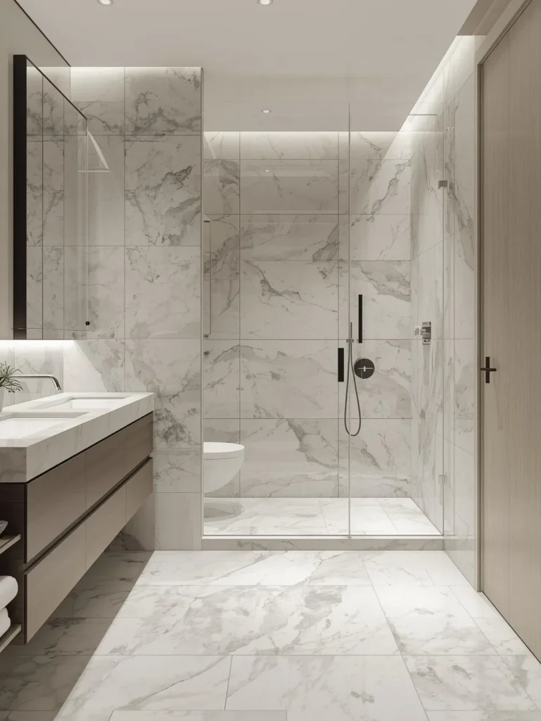 luxury small bathroom large marble tiles